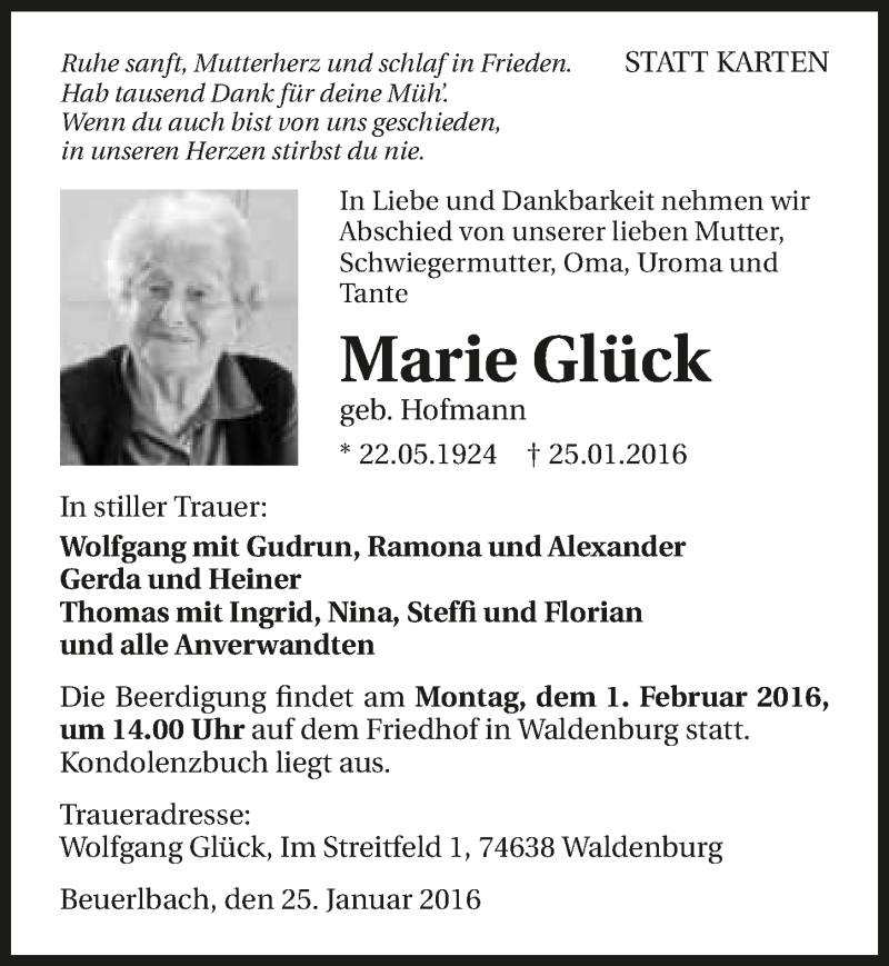  Traueranzeige für Marie Glück vom 29.01.2016 aus 
