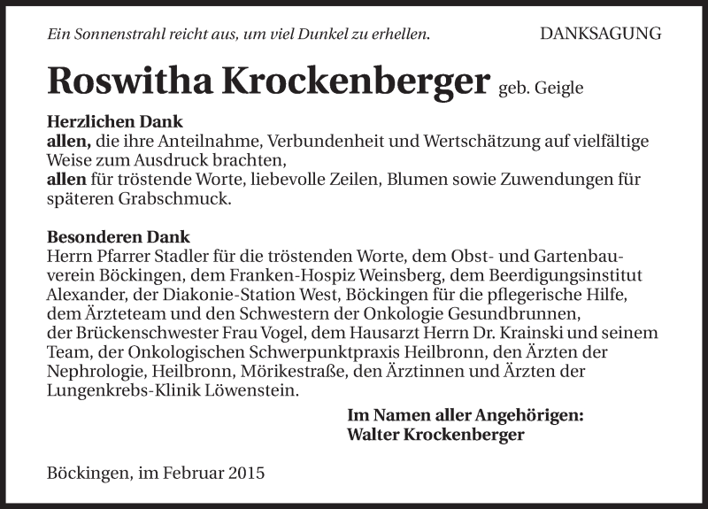  Traueranzeige für Roswitha Krockenberger vom 13.02.2015 aus 