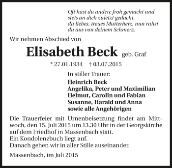 Traueranzeige von Elisabeth Beck 