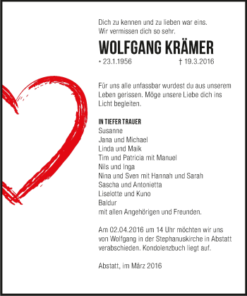 Traueranzeige von Wolfgang Krämer 