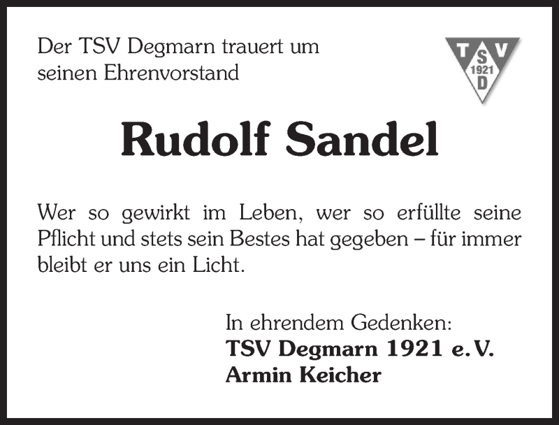  Traueranzeige für Rudolf Sandel vom 22.04.2015 aus 