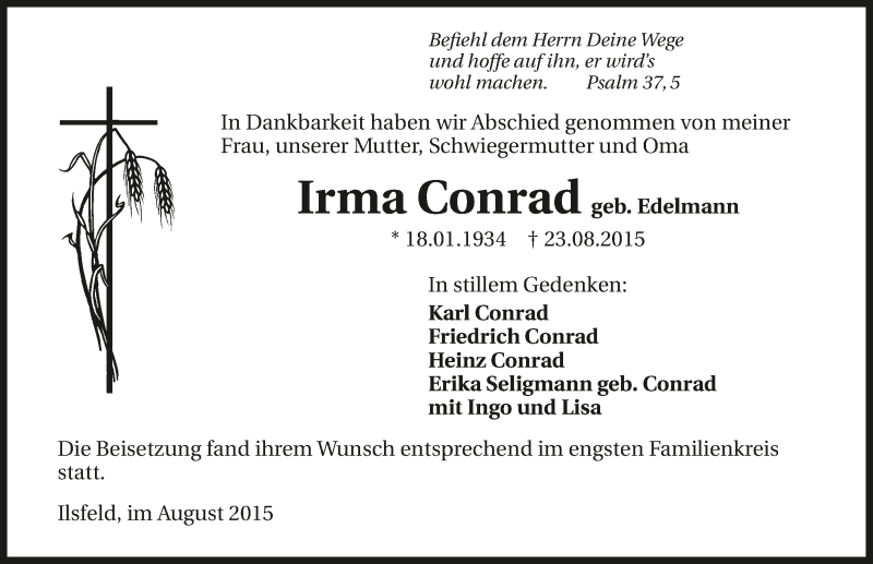  Traueranzeige für Irma Conrad vom 03.09.2015 aus 