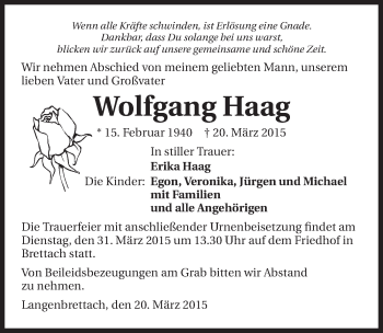Traueranzeige von Wolfgang Haag 