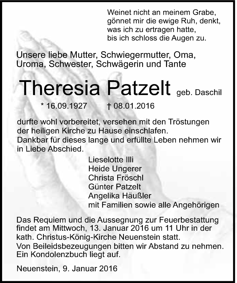  Traueranzeige für Theresia Patzelt vom 09.01.2016 aus 