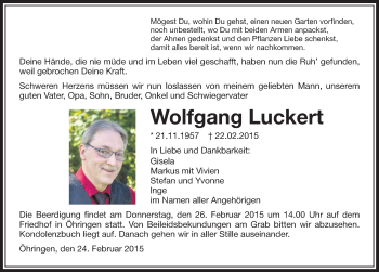 Traueranzeige von Wolfgang Luckert 