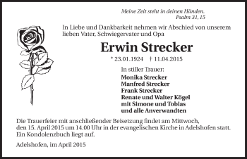 Traueranzeige von Erwin Strecker 