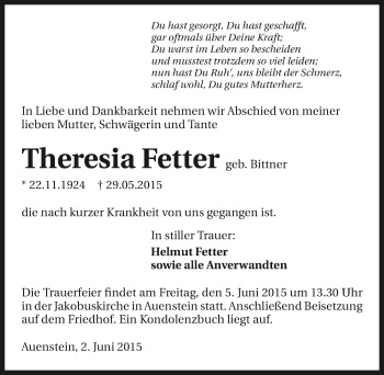 Traueranzeige von Theresia Fetter 