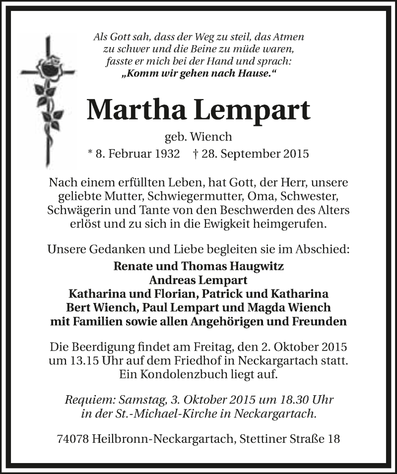  Traueranzeige für Martha Lempart vom 30.09.2015 aus 