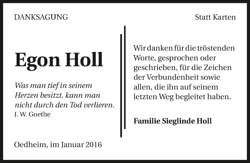  Traueranzeige für Egon Holl vom 14.01.2016 aus 
