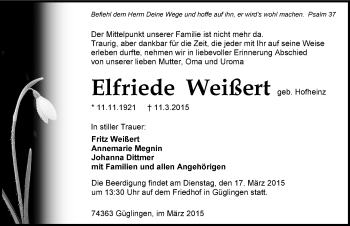 Traueranzeige von Elfriede Weißert 