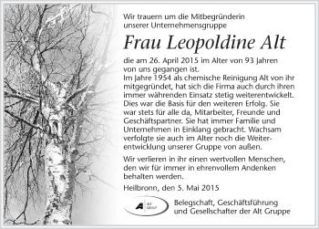 Traueranzeige von Leopoldine Alt 