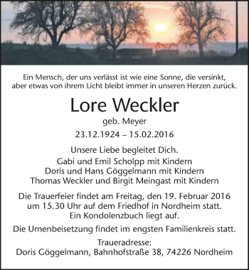 Traueranzeige von Lore Weckler 