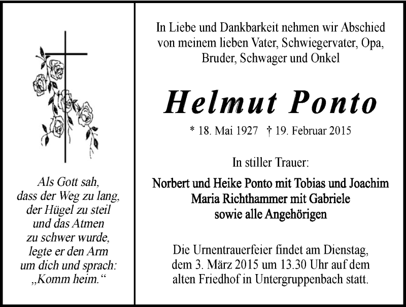  Traueranzeige für Helmut Ponto vom 28.02.2015 aus 