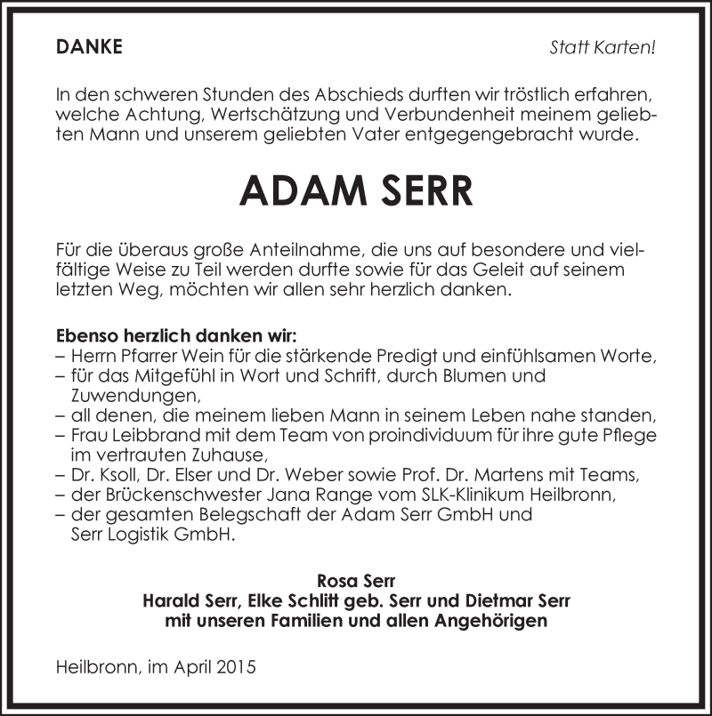  Traueranzeige für Adam Serr vom 25.04.2015 aus 