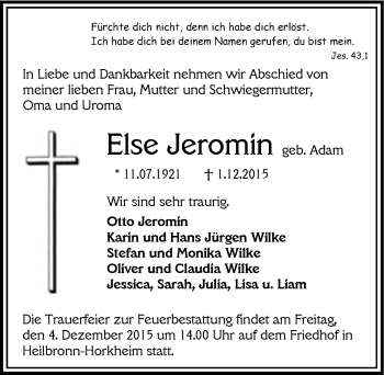 Traueranzeige von Else Jeromin 