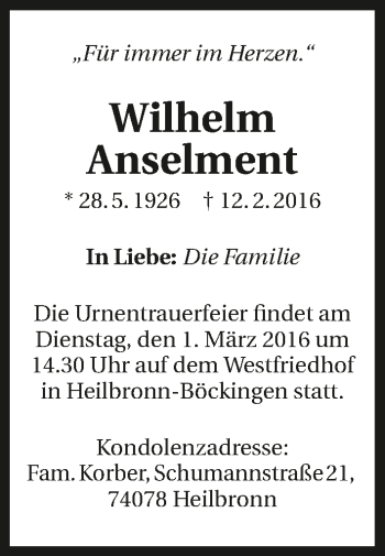 Traueranzeige von Wilhelm Anselment 