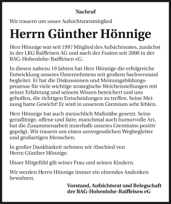 Traueranzeige von Günther Hönnige 