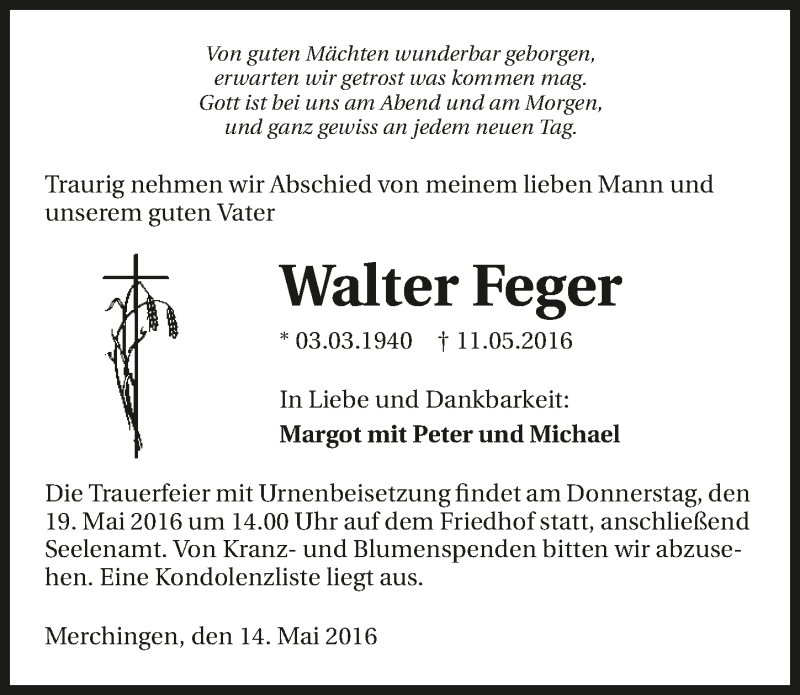  Traueranzeige für Walter Feger vom 14.05.2016 aus 