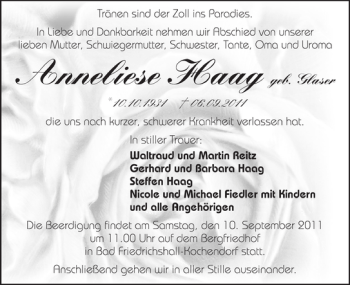 Traueranzeige von Anneliese Haag 