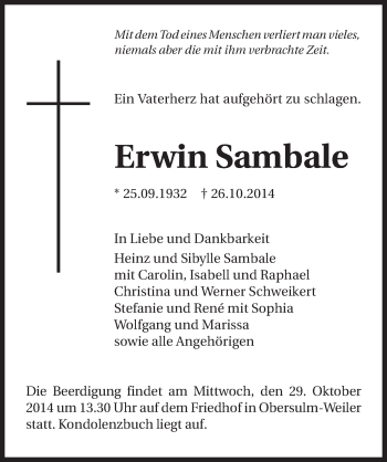 Traueranzeige von Erwin Sambale 