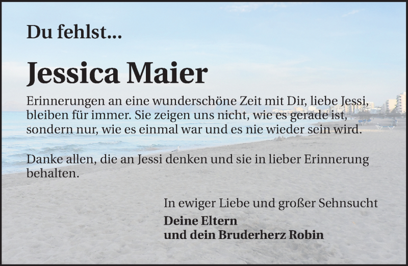  Traueranzeige für Jessica Maier vom 03.09.2016 aus 