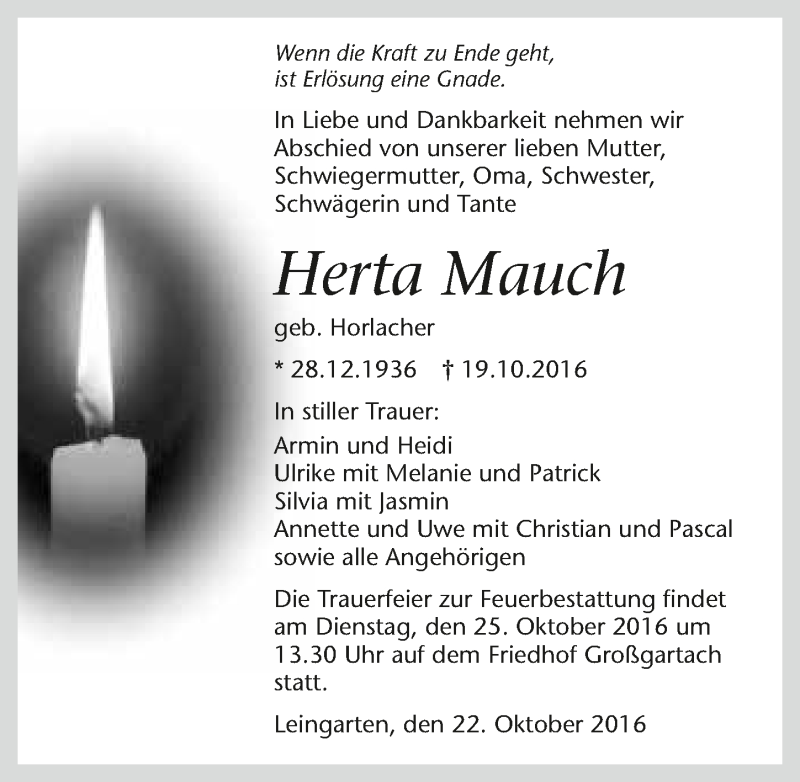  Traueranzeige für Herta Mauch vom 22.10.2016 aus 