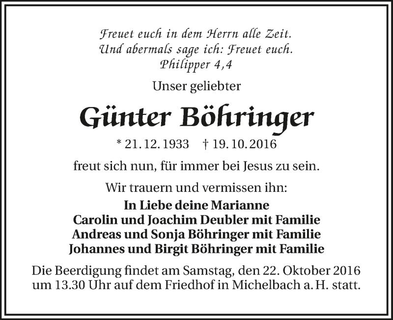  Traueranzeige für Günter Böhringer vom 20.10.2016 aus 