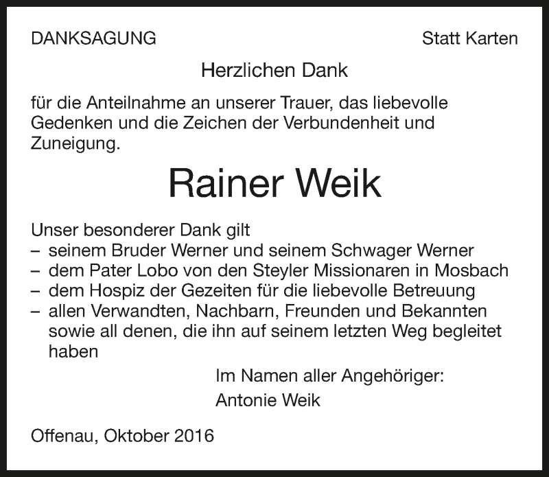  Traueranzeige für Rainer Weik vom 19.10.2016 aus 