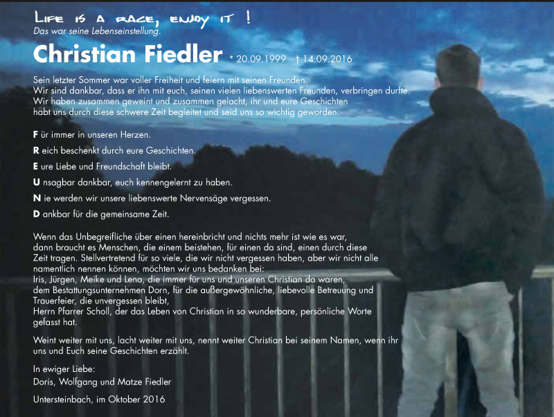  Traueranzeige für Christian Fiedler vom 22.10.2016 aus 