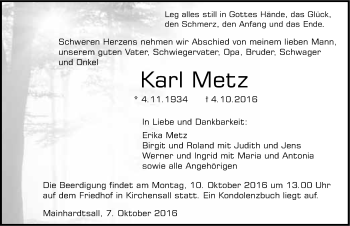 Traueranzeige von Karl Metz 
