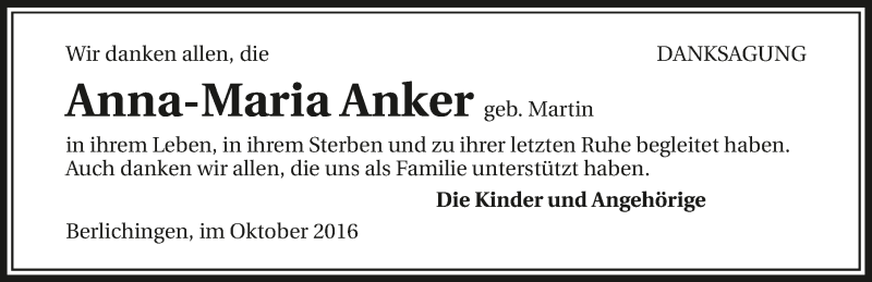  Traueranzeige für Anna-Maria Anker vom 11.10.2016 aus 