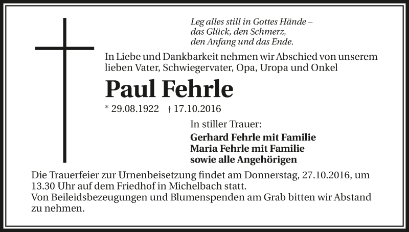  Traueranzeige für Paul Fehrle vom 24.10.2016 aus 
