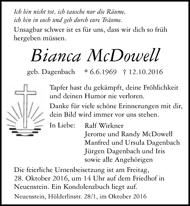  Traueranzeige für Bianca Mc Dowell vom 22.10.2016 aus 