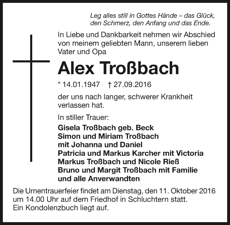  Traueranzeige für Alex Troßbach vom 08.10.2016 aus 