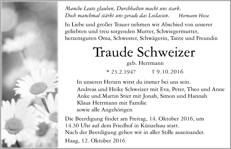  Traueranzeige für Traude Schweizer vom 12.10.2016 aus 