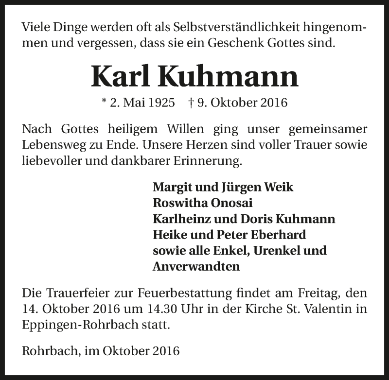  Traueranzeige für Karl Kuhmann vom 13.10.2016 aus 