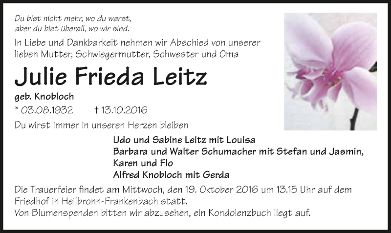  Traueranzeige für Julie Frieda Leitz vom 15.10.2016 aus 