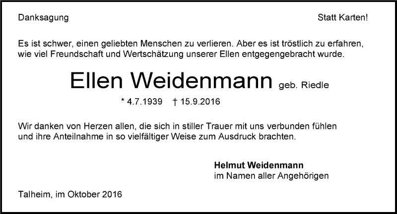  Traueranzeige für Ellen Weidenmann vom 08.10.2016 aus 