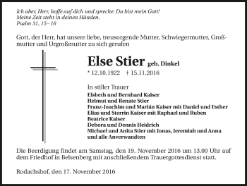 Traueranzeige von Else Stier 