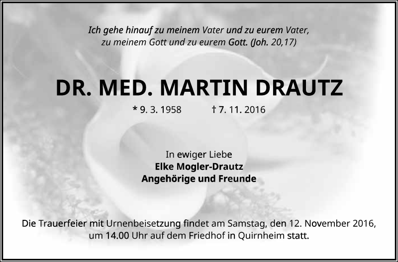  Traueranzeige für Martin Drautz vom 09.11.2016 aus 