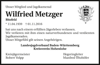 Traueranzeige von Wilfried Metzger 