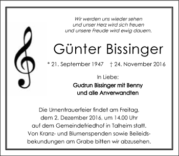 Traueranzeige von Günter Bissinger 