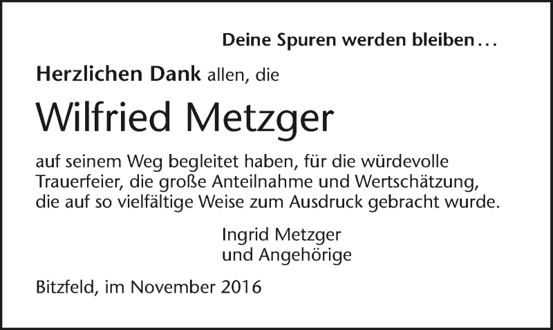  Traueranzeige für Wilfried Metzger vom 21.11.2016 aus 