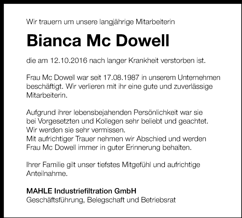  Traueranzeige für Bianca Mc Dowell vom 04.11.2016 aus 