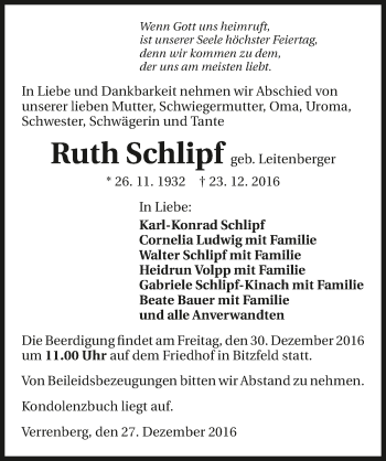 Traueranzeige von Ruth Schlipf 