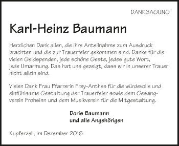 Traueranzeige von Karl-Heinz Baumann 