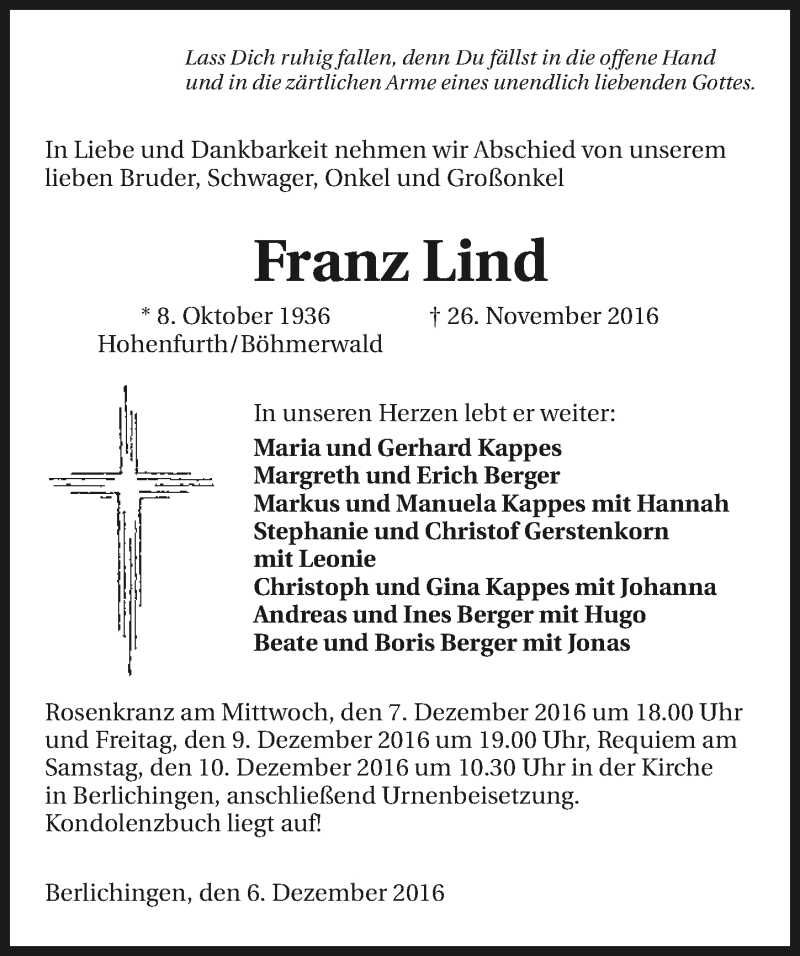  Traueranzeige für Franz Lind vom 06.12.2016 aus 