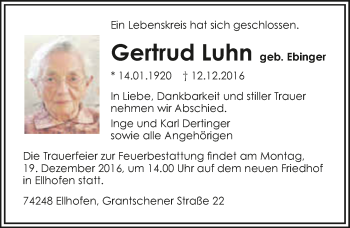 Traueranzeige von Gertrud Luhn 