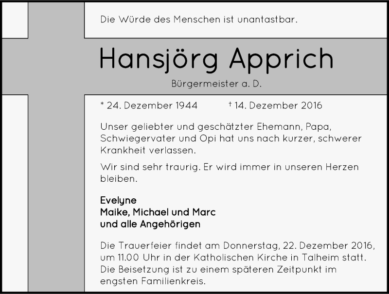  Traueranzeige für Hansjörg Apprich vom 17.12.2016 aus 