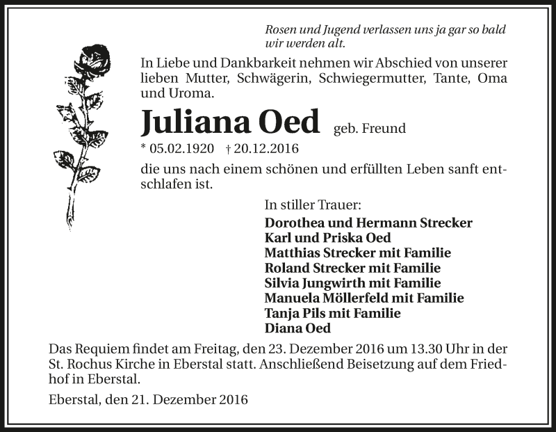  Traueranzeige für Juliana Oed vom 22.12.2016 aus 